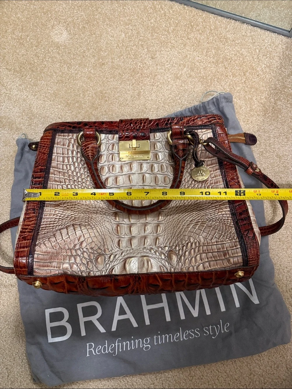 Brahmin Two-Tone Croc-Embossed Satchel in Chestnut Brown and Cream